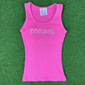 Caribbean Side Cozumel Paradise Rhinestones Ribbed Pink Tank Top Sz S